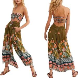 Free People Bali Birds of Paradise Bandeau Wide Leg Jumpsuit Sz S